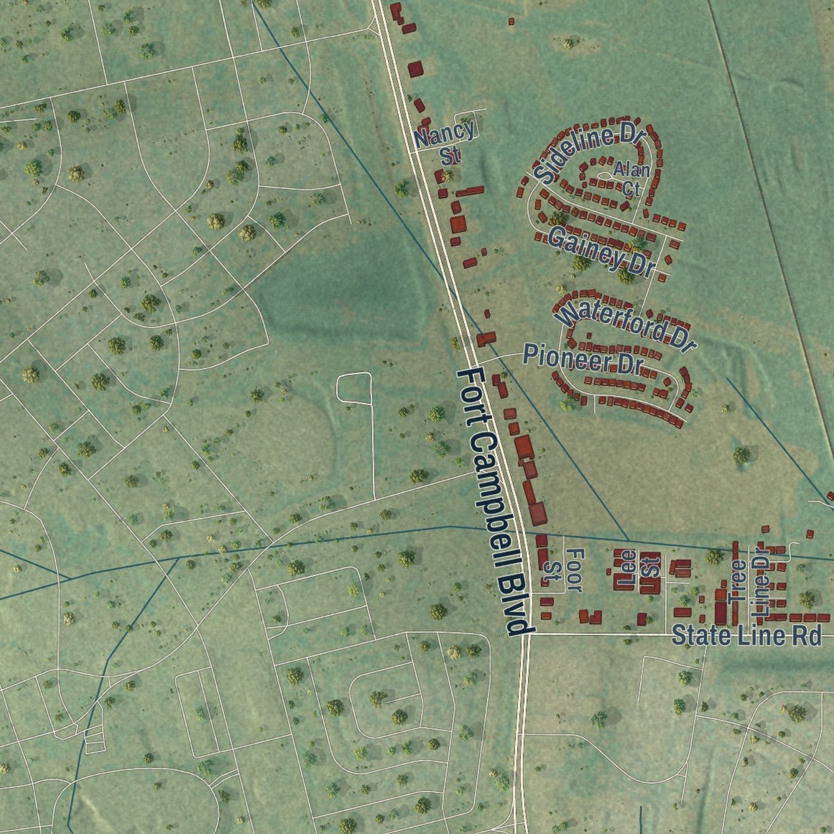 Second close-up of the map of Oak Grove, Kentucky print showing more streets and buildings