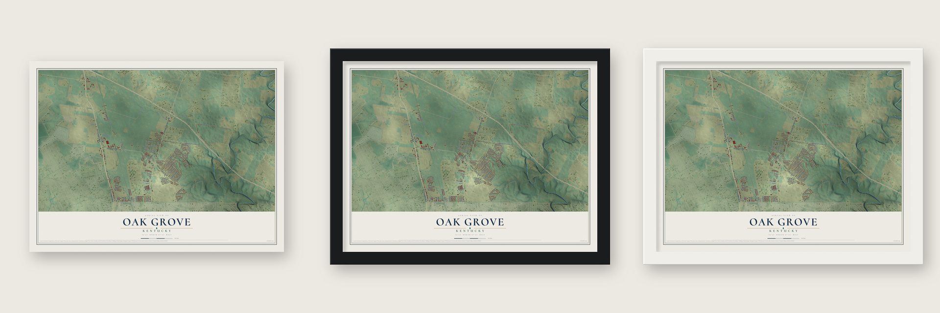 Oak Grove, Kentucky map unframed, in a black wood frame and in a white wood frame