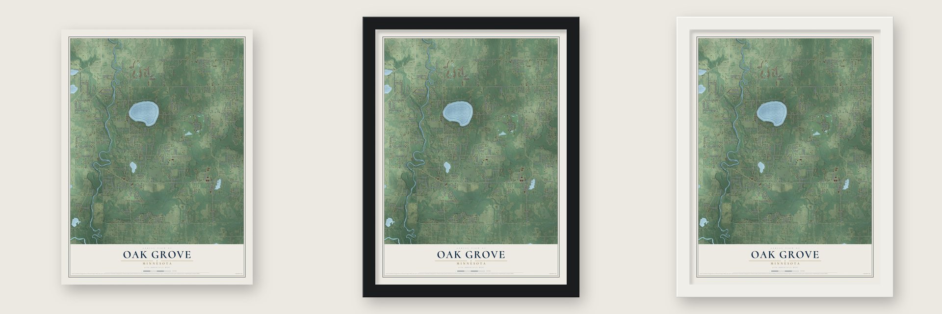 Oak Grove, Minnesota map unframed, in a black wood frame and in a white wood frame