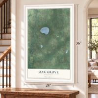 Oak Grove, Minnesota map, 24 x 36 inch print in a white frame by a staircase