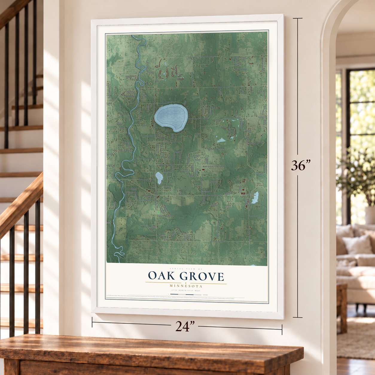 Oak Grove, Minnesota map, 24 x 36 inch print in a white frame by a staircase