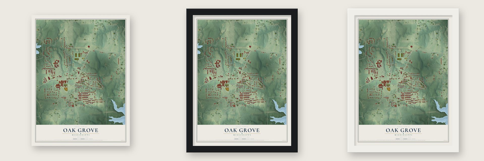 Oak Grove, Mississippi map unframed, in a black wood frame and in a white wood frame
