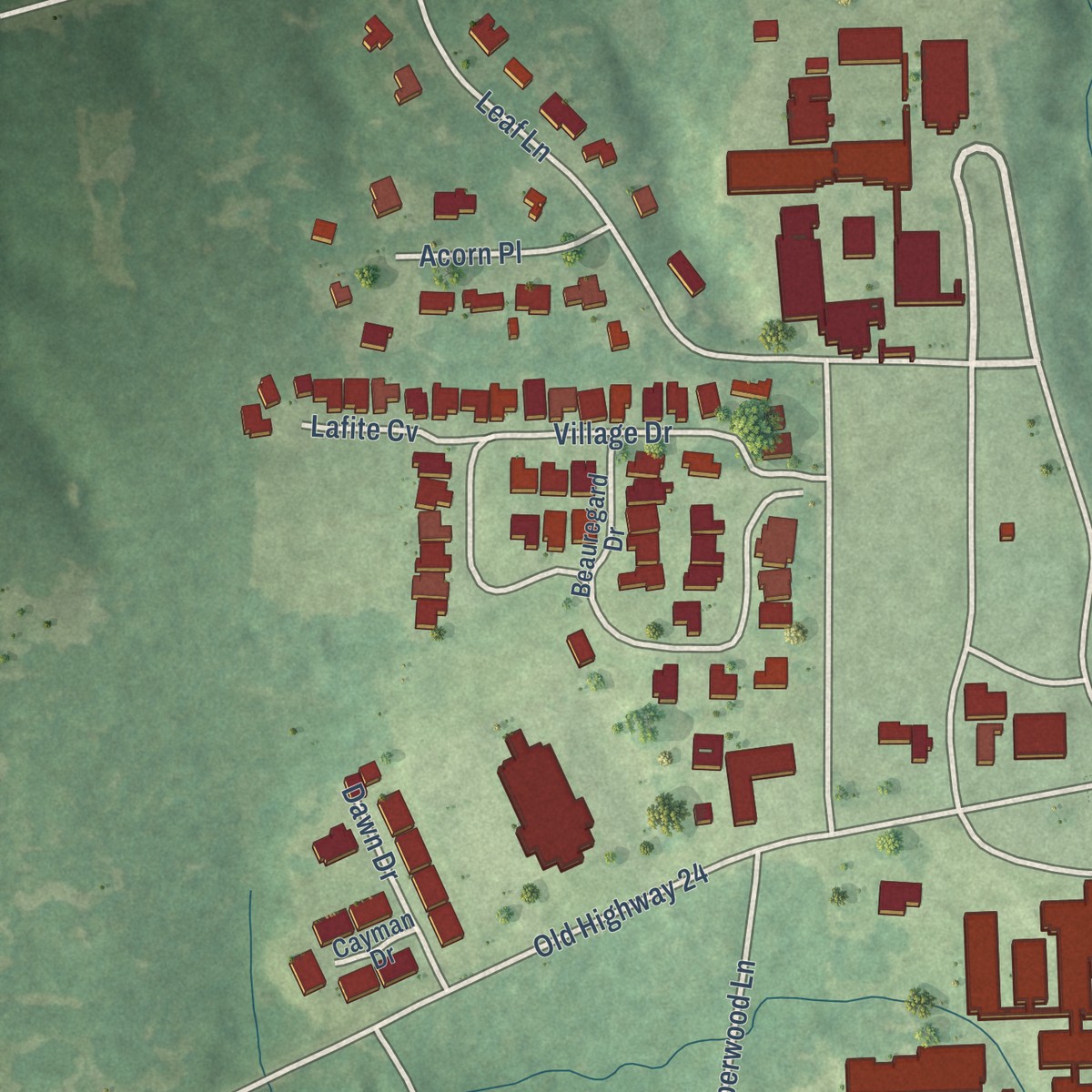 Second close-up of the map of Oak Grove, Mississippi print showing more streets and buildings