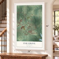 Oak Grove, Mississippi map, 24 x 36 inch print in a white frame by a staircase