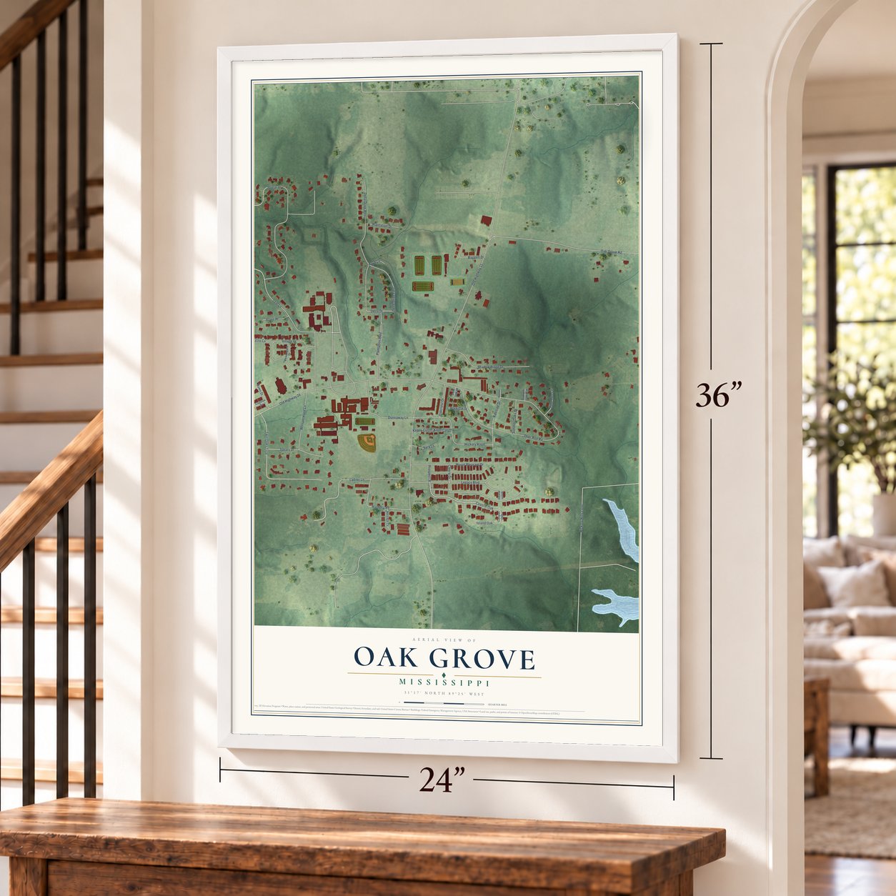 Oak Grove, Mississippi map, 24 x 36 inch print in a white frame by a staircase
