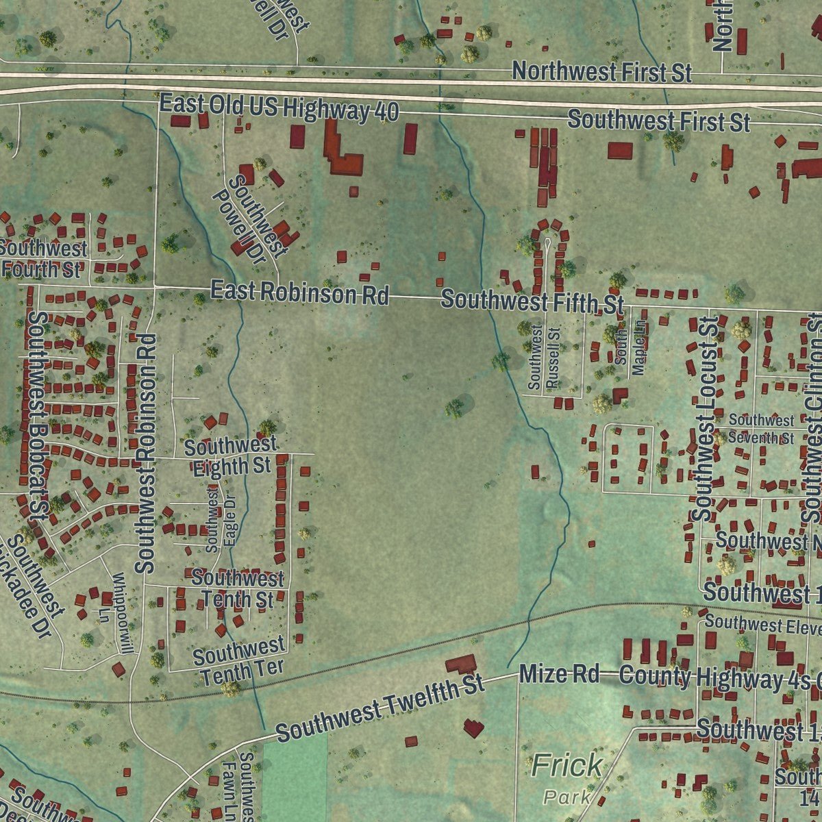 Second close-up of the map of Oak Grove, Missouri print showing more streets and buildings
