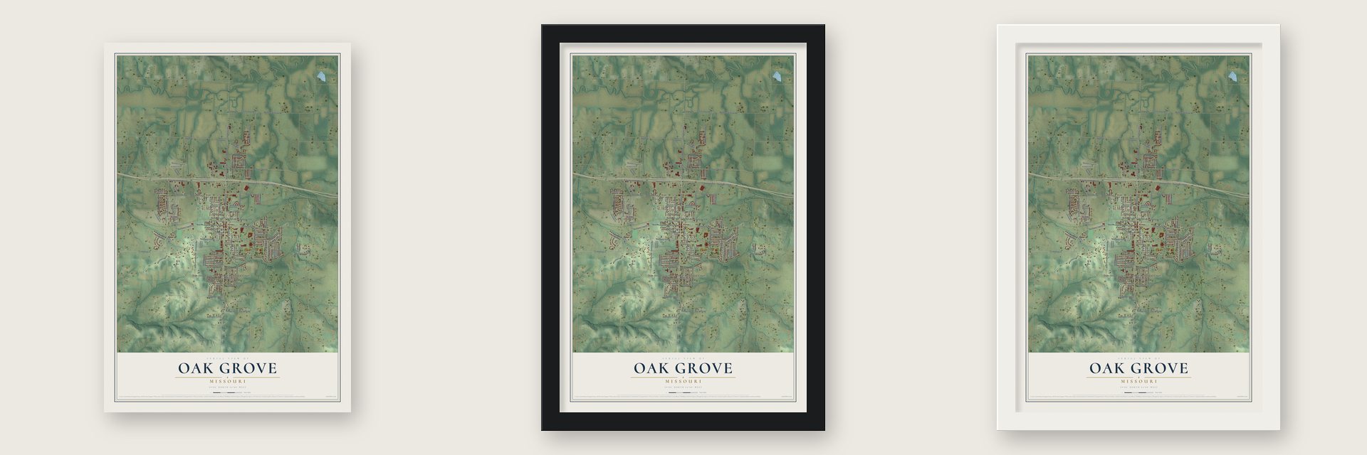 Oak Grove, Missouri map unframed, in a black wood frame and in a white wood frame