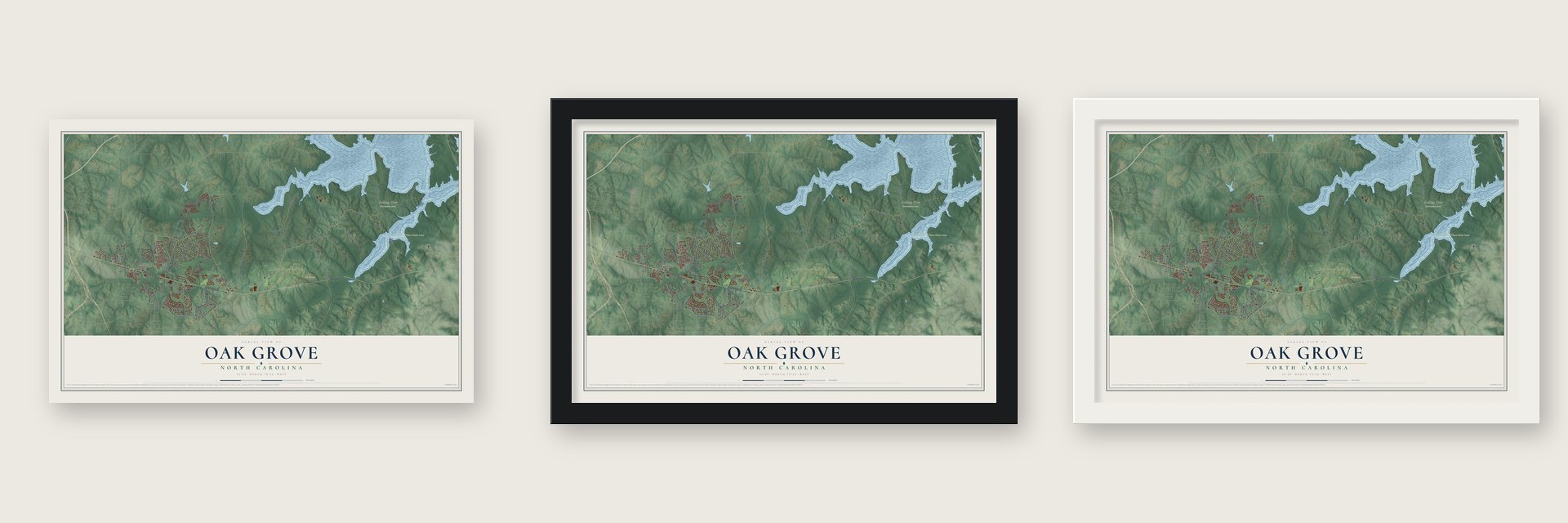 Oak Grove, North Carolina map unframed, in a black wood frame and in a white wood frame