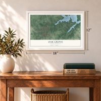 Oak Grove, North Carolina map, 12 x 18 inch print in a white frame in an entryway