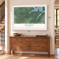 Oak Grove, North Carolina map, 24 x 36 inch print in a white frame above a dresser by a staircase