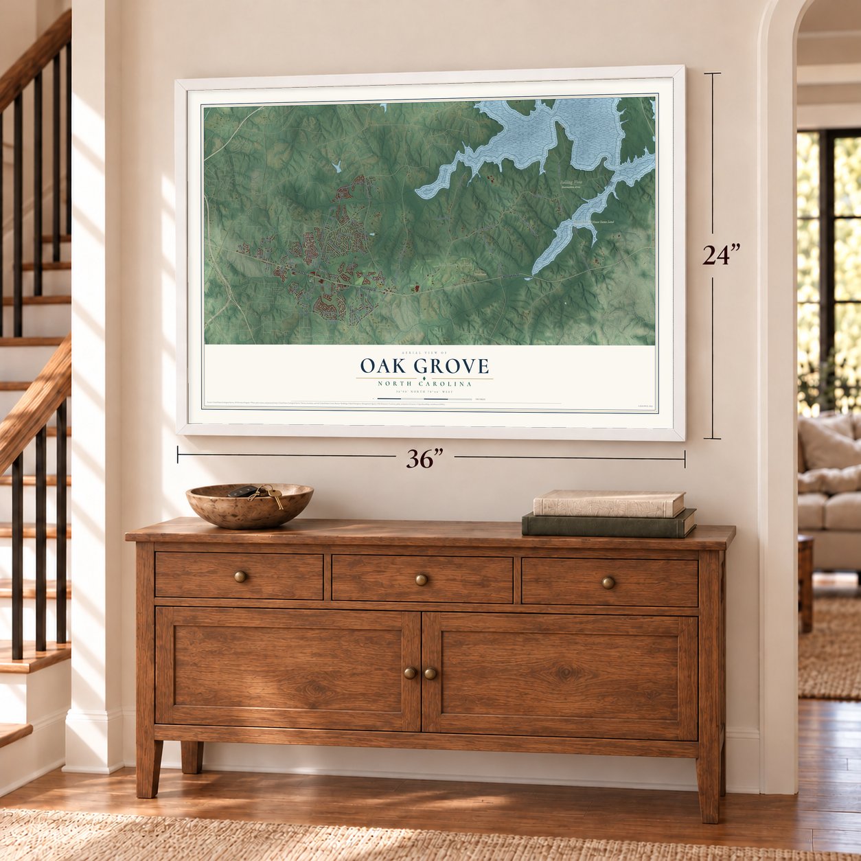 Oak Grove, North Carolina map, 24 x 36 inch print in a white frame above a dresser by a staircase