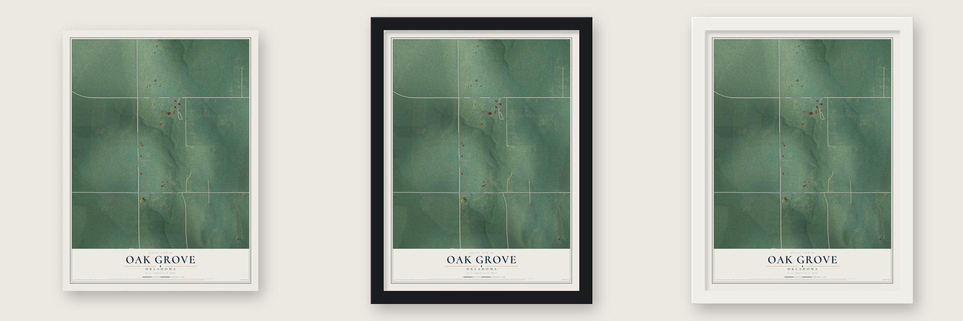 Oak Grove, Oklahoma map unframed, in a black wood frame and in a white wood frame