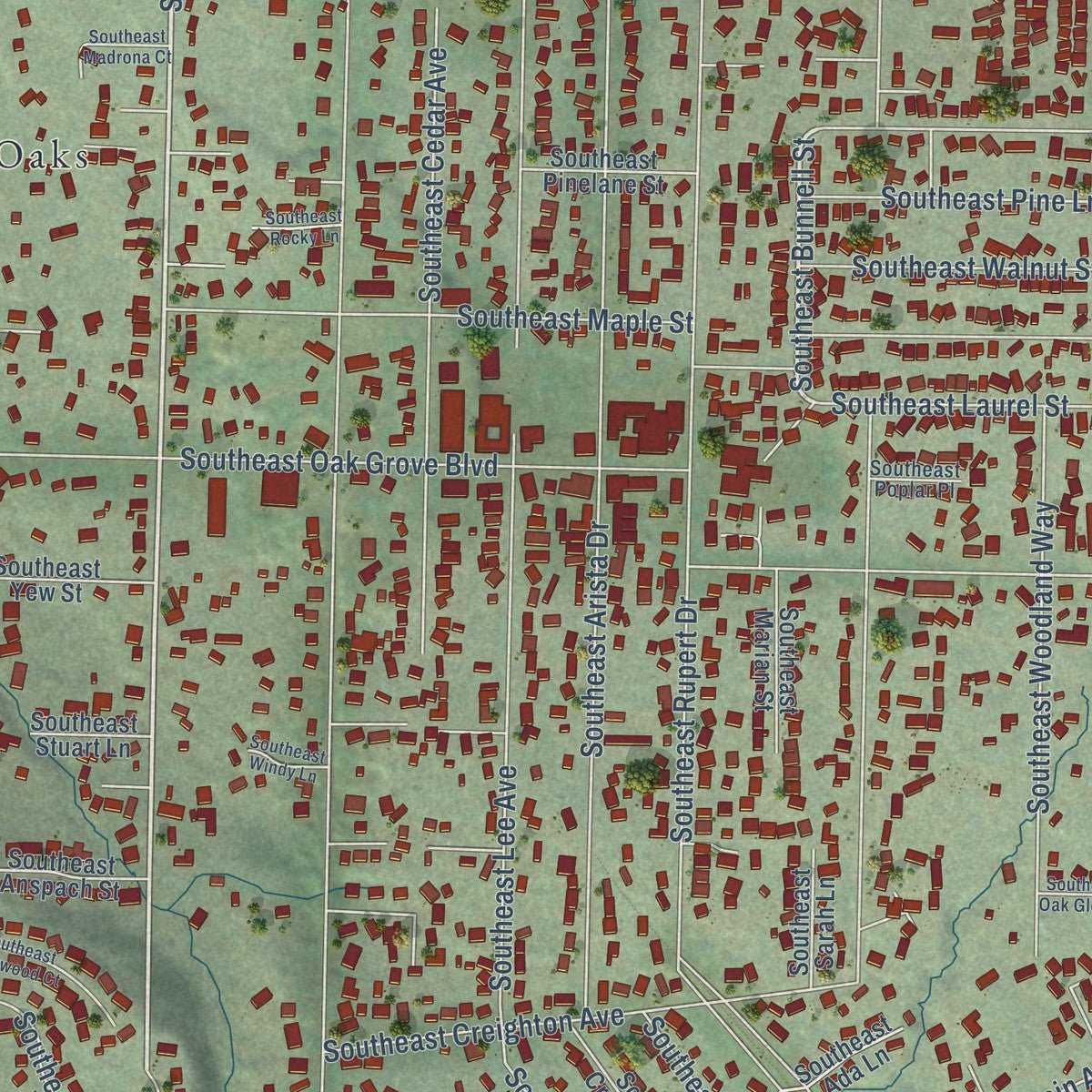 Second close-up of the map of Oak Grove, Oregon print showing more streets and buildings