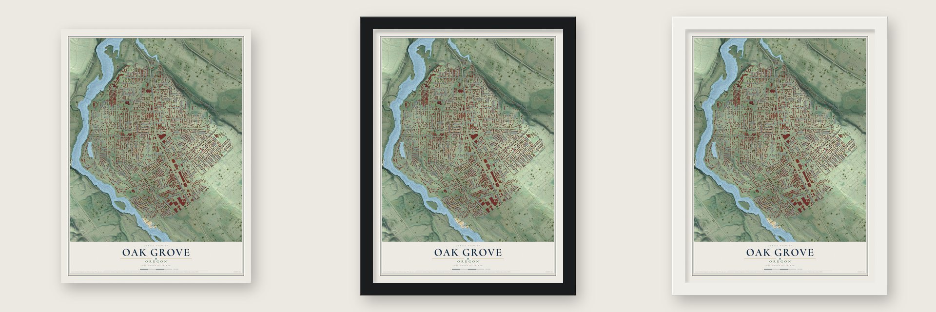 Oak Grove, Oregon map unframed, in a black wood frame and in a white wood frame