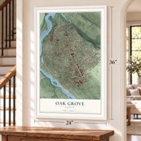 Oak Grove, Oregon map, 24 x 36 inch print in a white frame by a staircase
