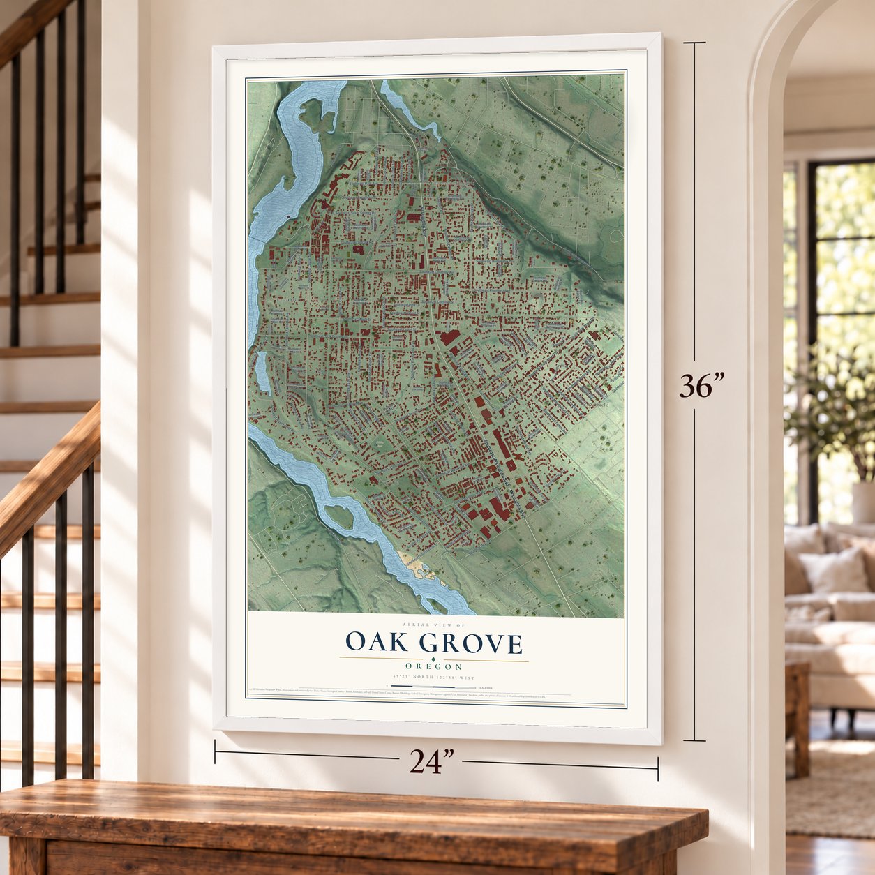 Oak Grove, Oregon map, 24 x 36 inch print in a white frame by a staircase