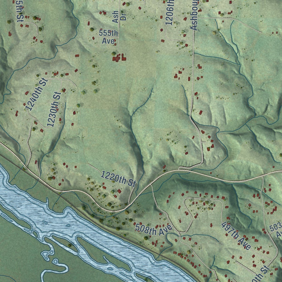 Second close-up of the map of Oak Grove, Pierce County, Wisconsin print showing more streets and buildings