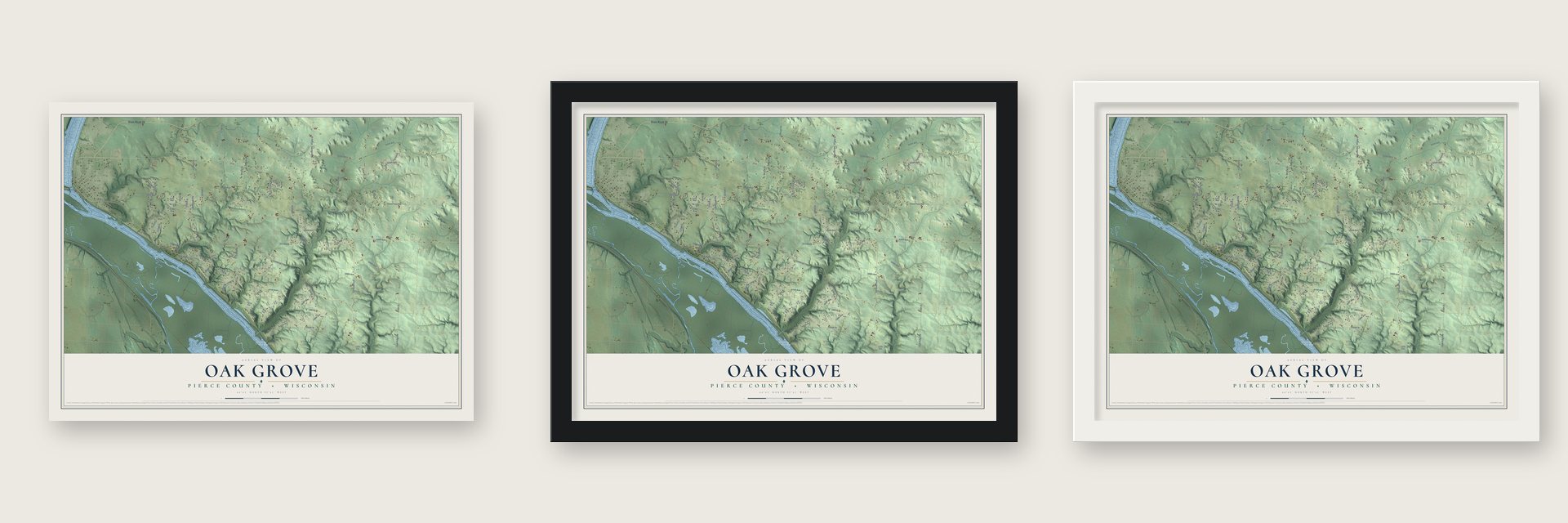 Oak Grove, Pierce County, Wisconsin map unframed, in a black wood frame and in a white wood frame