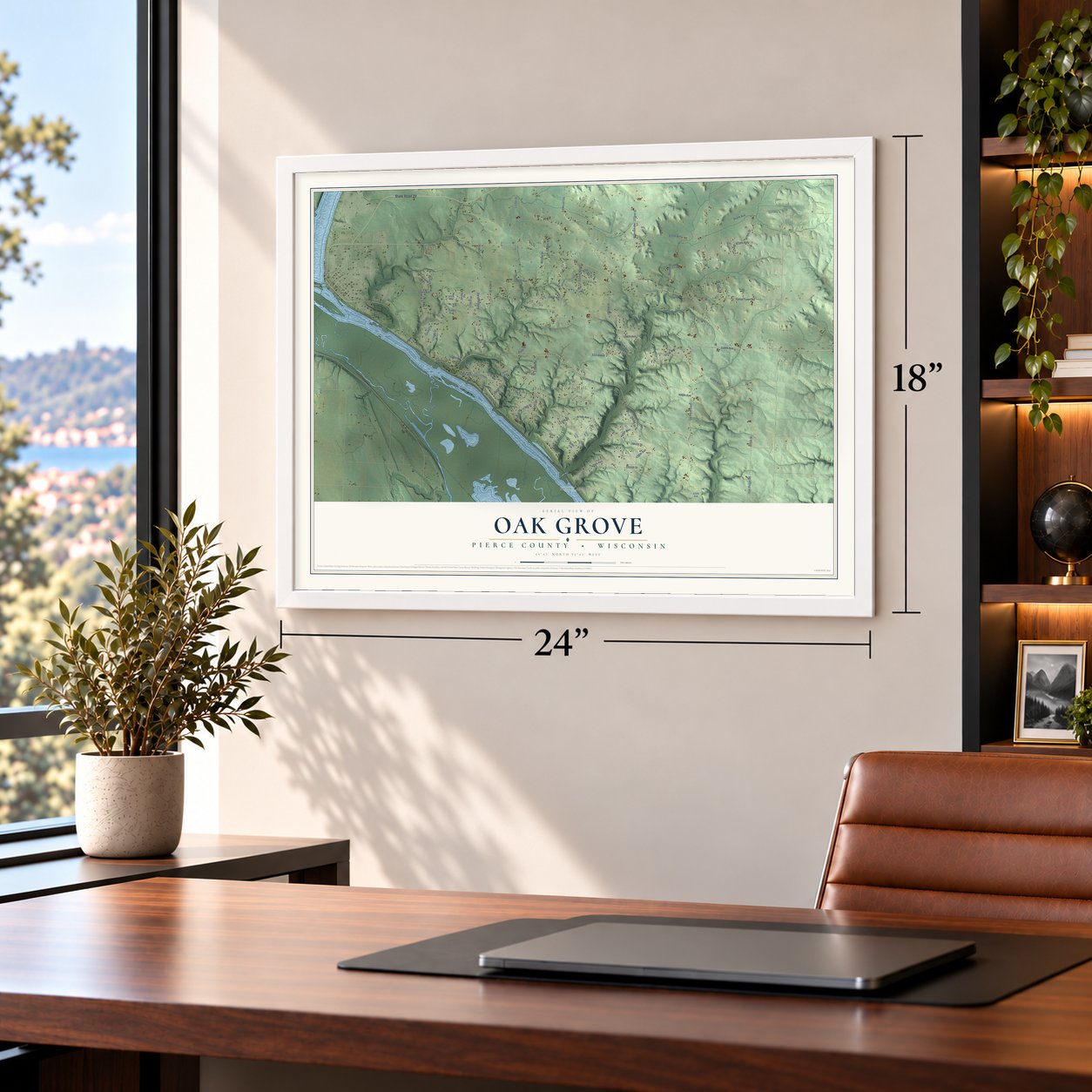 Oak Grove, Pierce County, Wisconsin map, 18 x 24 inch print in a white frame in a home office