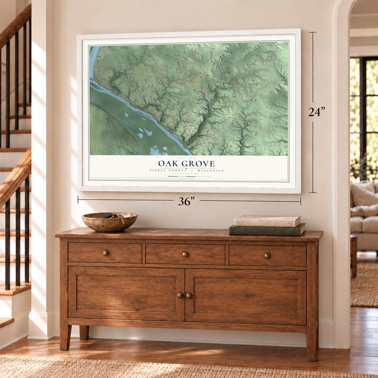 Oak Grove, Pierce County, Wisconsin map, 24 x 36 inch print in a white frame above a dresser by a staircase