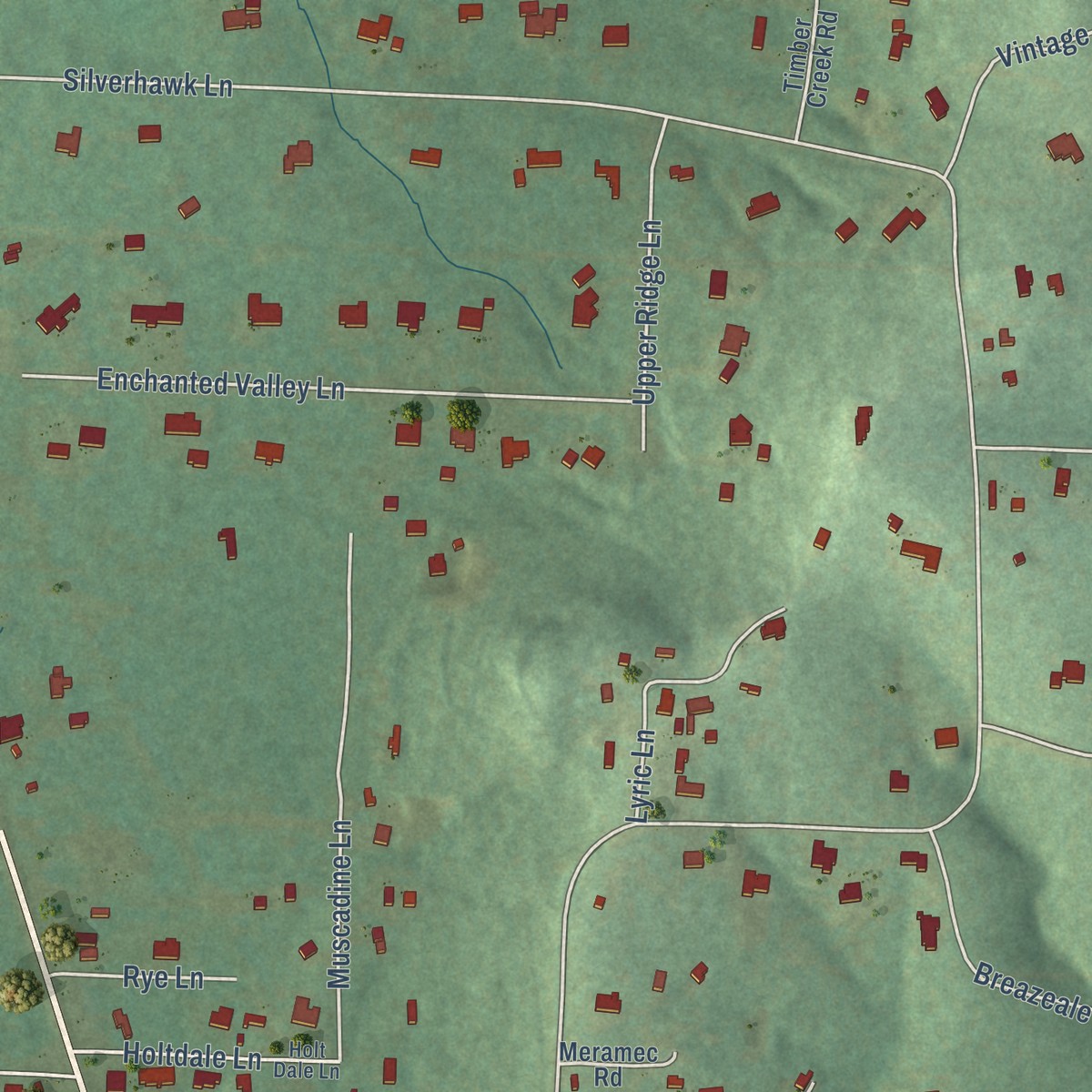 Second close-up of the map of Oak Grove, Pulaski County, Arkansas print showing more streets and buildings