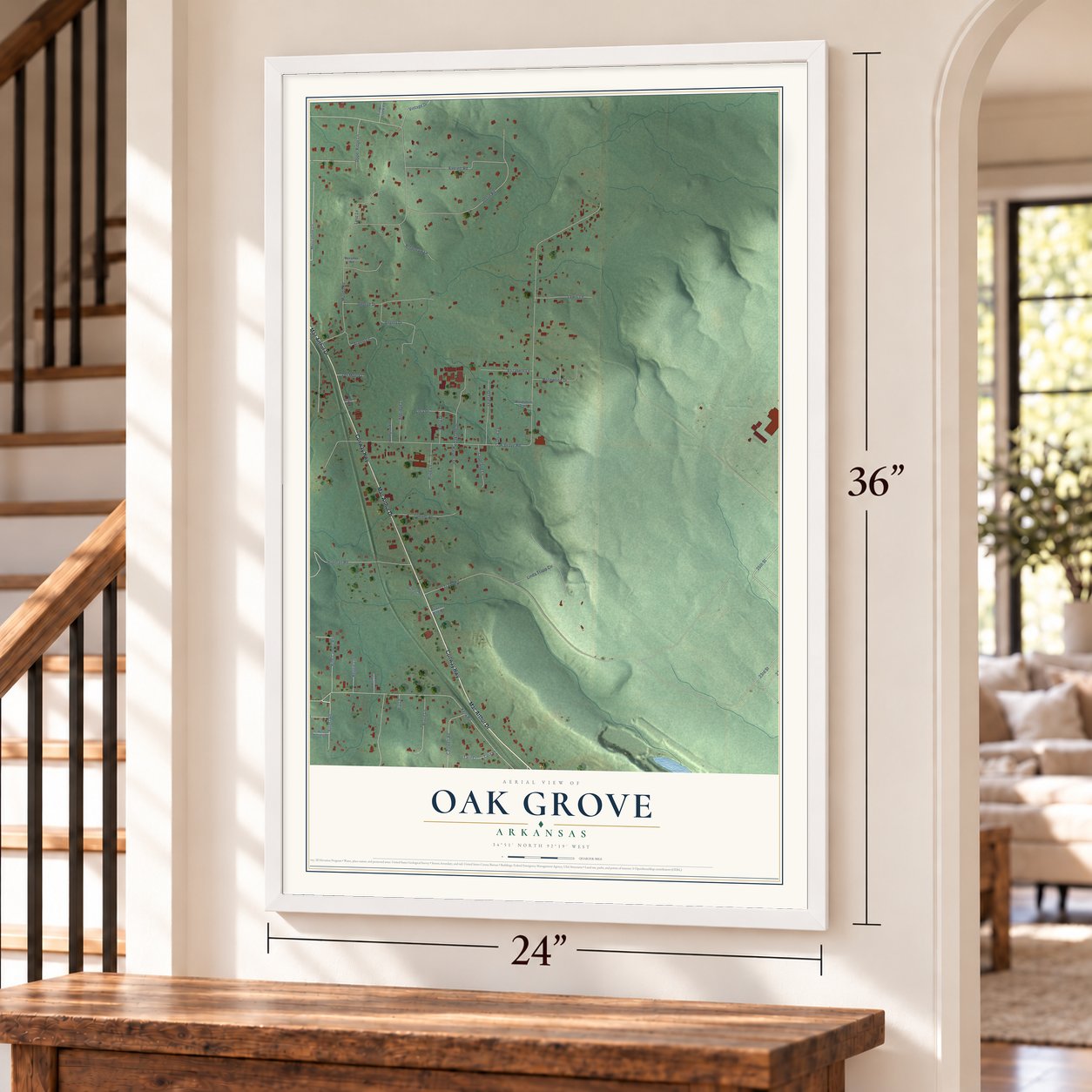Oak Grove, Pulaski County, Arkansas map, 24 x 36 inch print in a white frame by a staircase