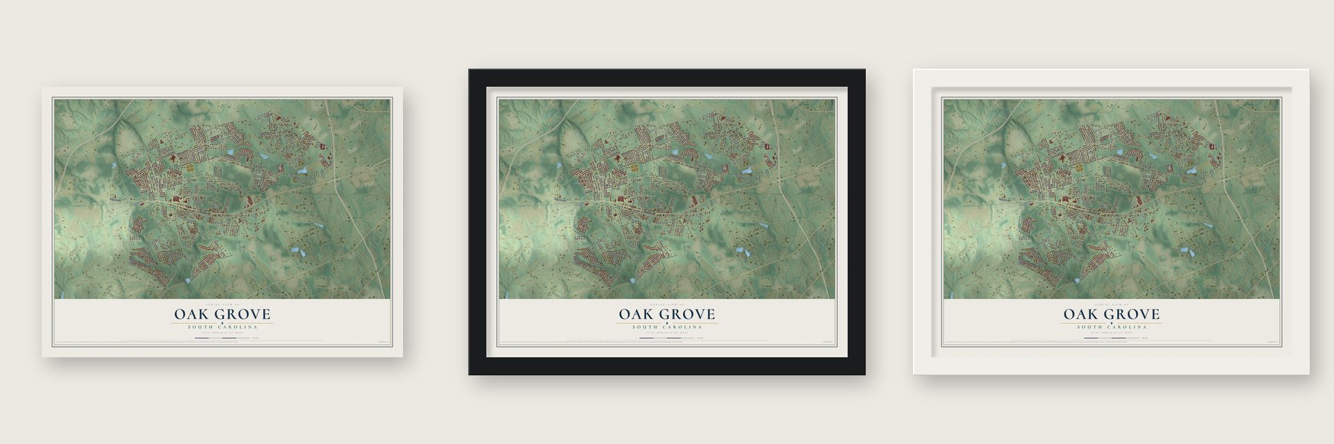 Oak Grove, South Carolina map unframed, in a black wood frame and in a white wood frame