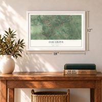 Oak Grove, South Carolina map, 12 x 18 inch print in a white frame in an entryway