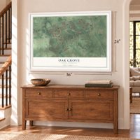 Oak Grove, South Carolina map, 24 x 36 inch print in a white frame above a dresser by a staircase