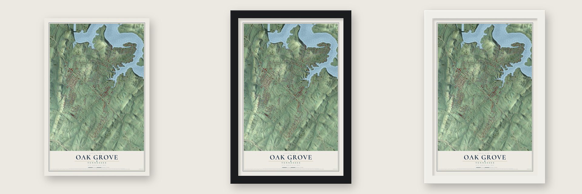 Oak Grove, Tennessee map unframed, in a black wood frame and in a white wood frame