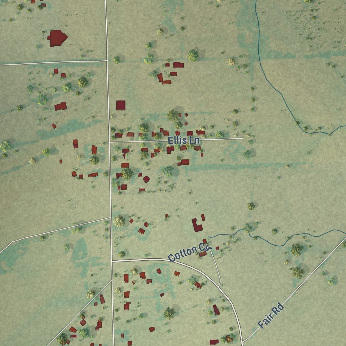 Second close-up of the map of Oak Grove, Texas print showing more streets and buildings