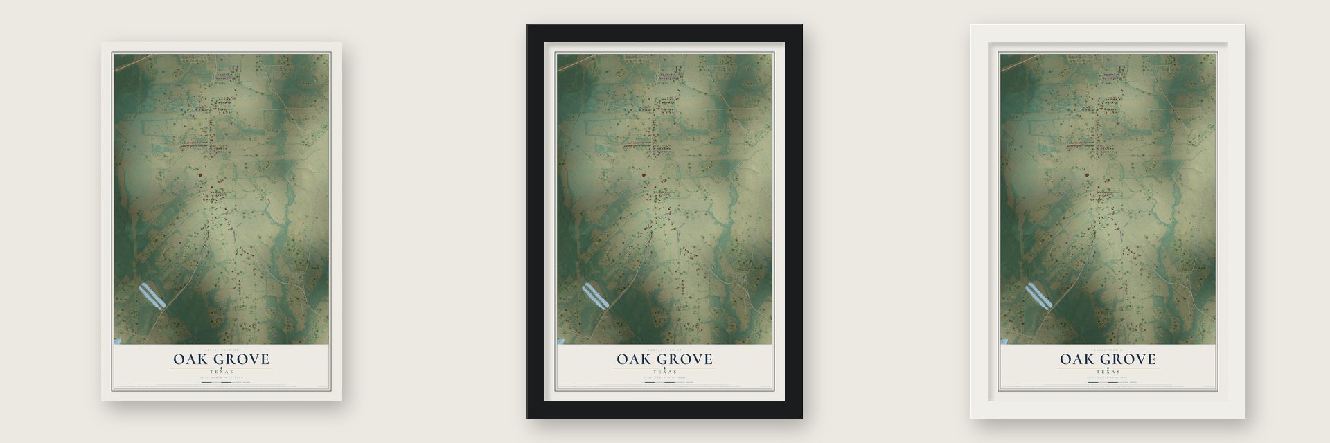 Oak Grove, Texas map unframed, in a black wood frame and in a white wood frame