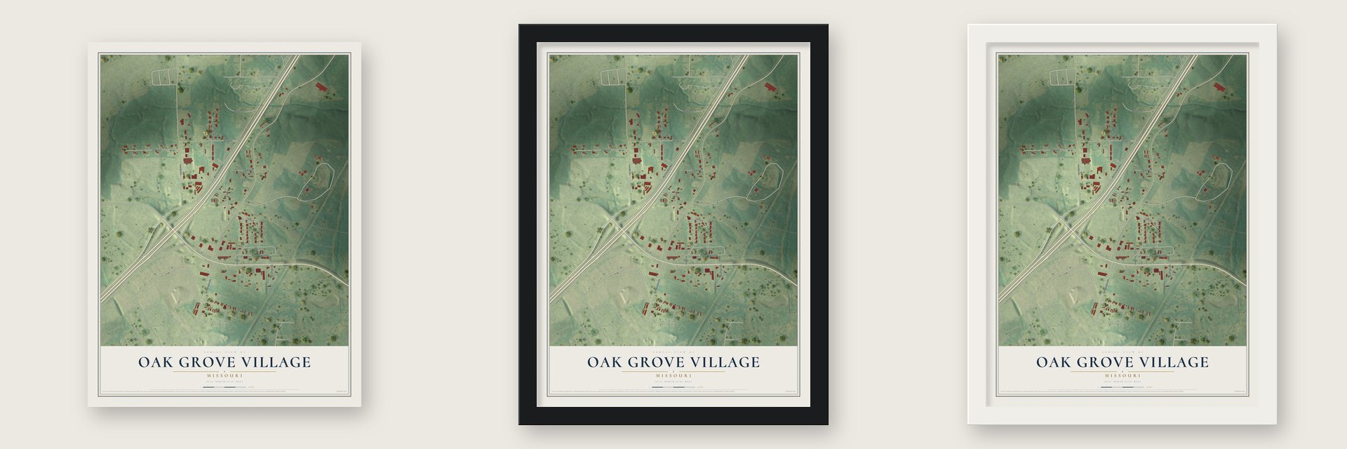 Oak Grove Village, Missouri map unframed, in a black wood frame and in a white wood frame