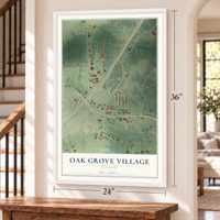 Oak Grove Village, Missouri map, 24 x 36 inch print in a white frame by a staircase
