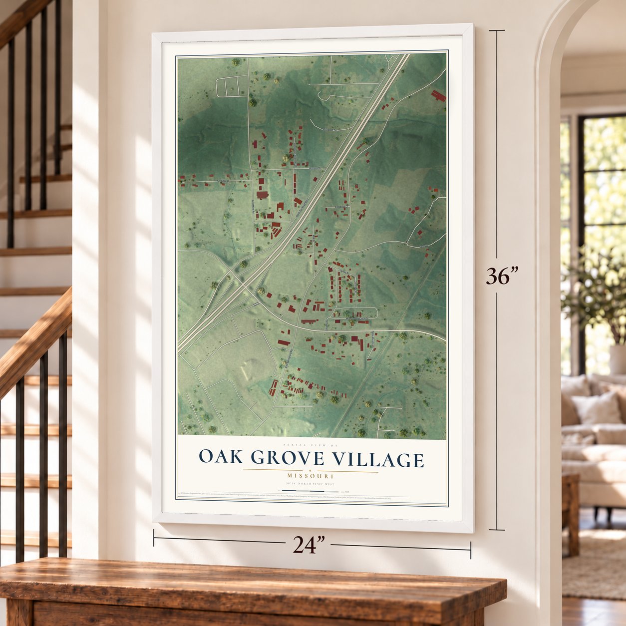 Oak Grove Village, Missouri map, 24 x 36 inch print in a white frame by a staircase