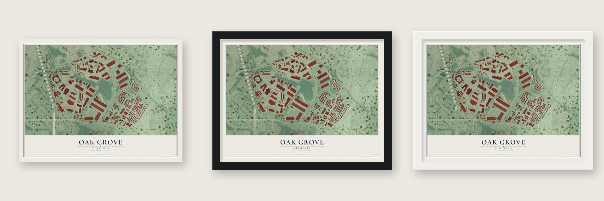 Oak Grove, Virginia map unframed, in a black wood frame and in a white wood frame