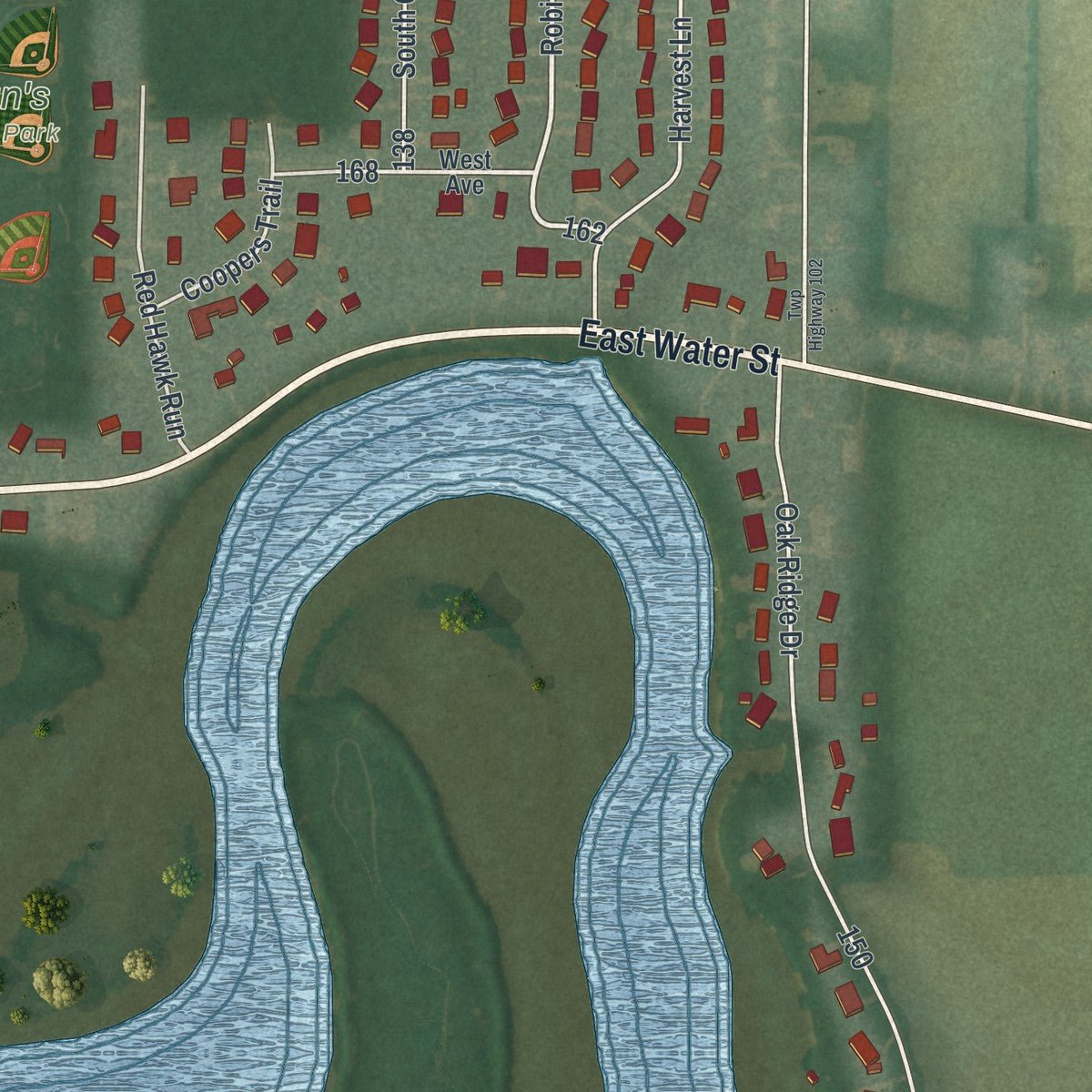 Second close-up of the map of Oak Harbor, Ohio print showing more streets and buildings