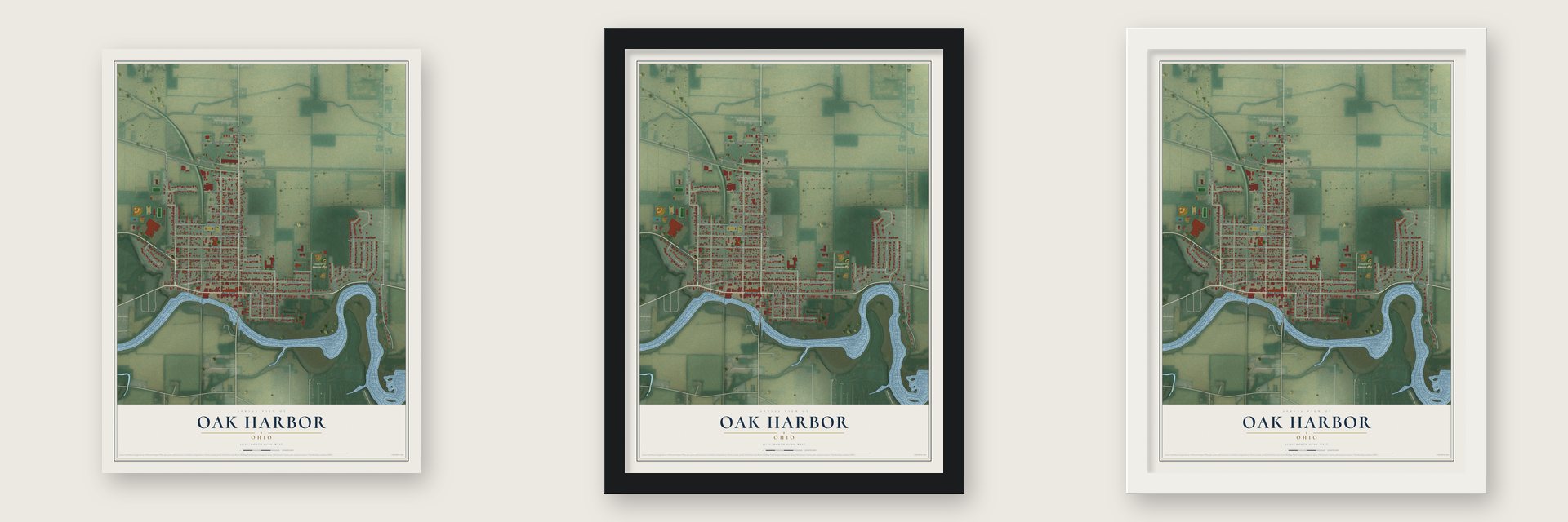 Oak Harbor, Ohio map unframed, in a black wood frame and in a white wood frame