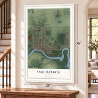 Oak Harbor, Ohio map, 24 x 36 inch print in a white frame by a staircase