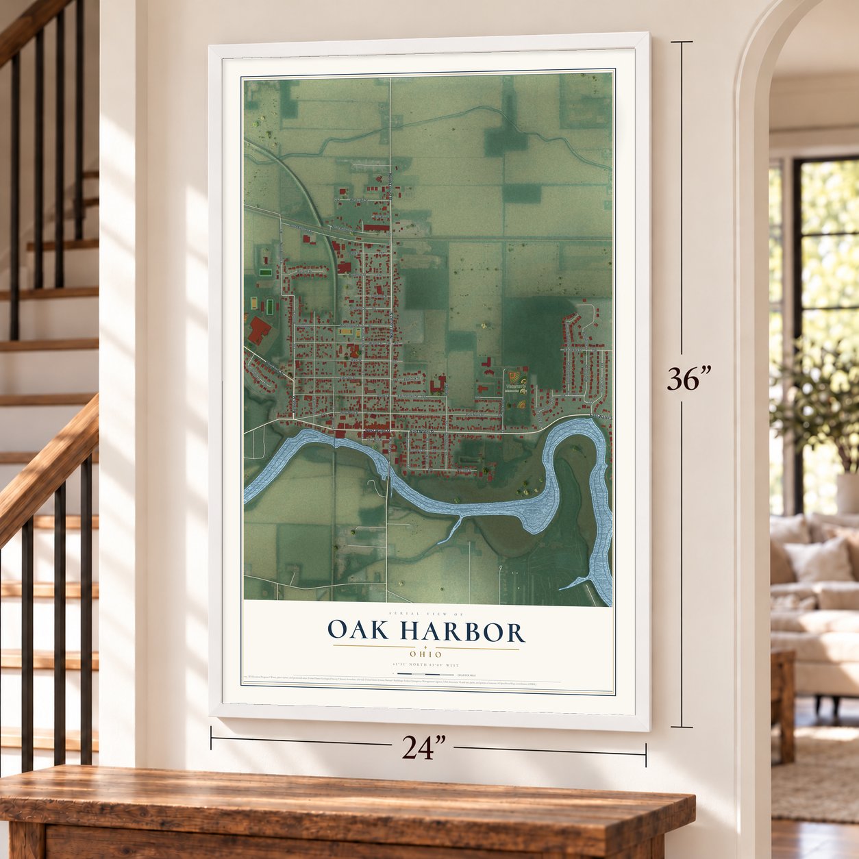 Oak Harbor, Ohio map, 24 x 36 inch print in a white frame by a staircase