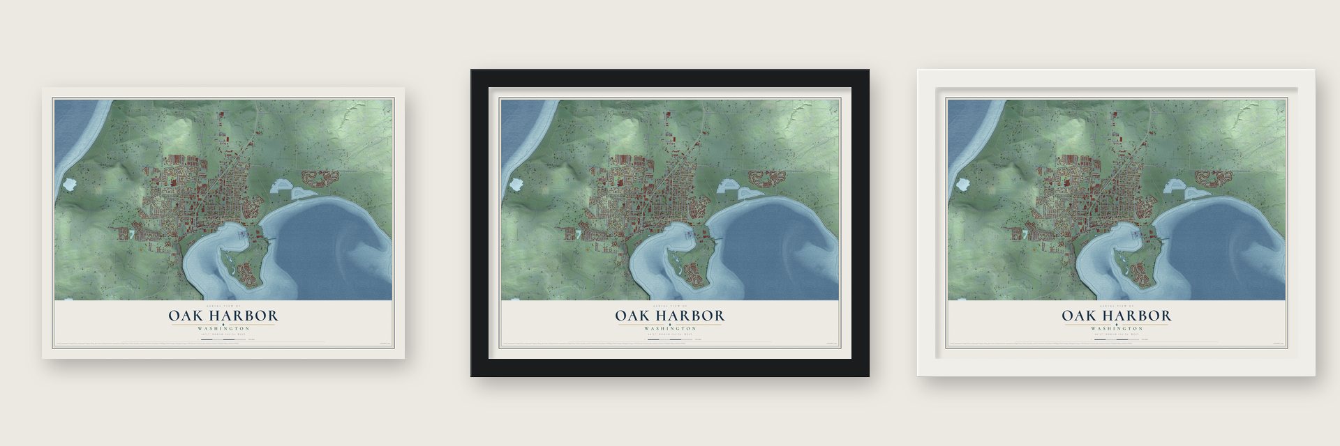 Oak Harbor, Washington map unframed, in a black wood frame and in a white wood frame