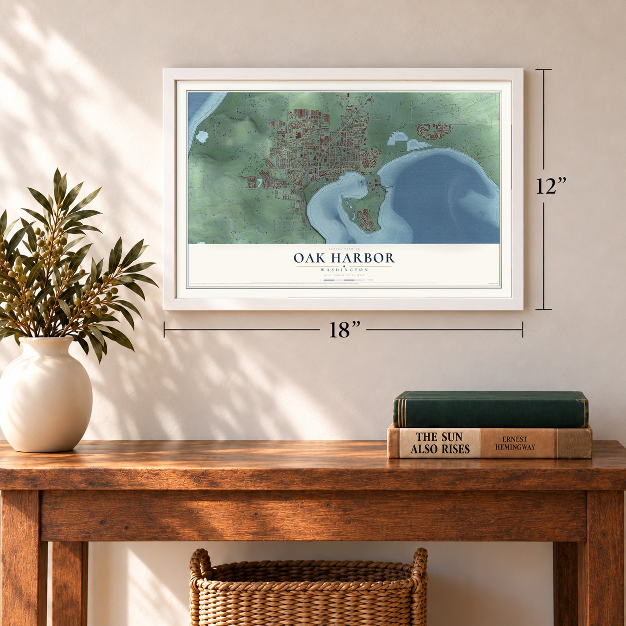 Oak Harbor, Washington map, 12 x 18 inch print in a white frame in an entryway