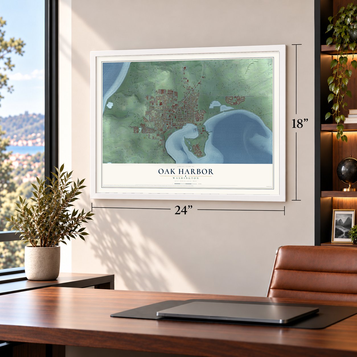 Oak Harbor, Washington map, 18 x 24 inch print in a white frame in a home office