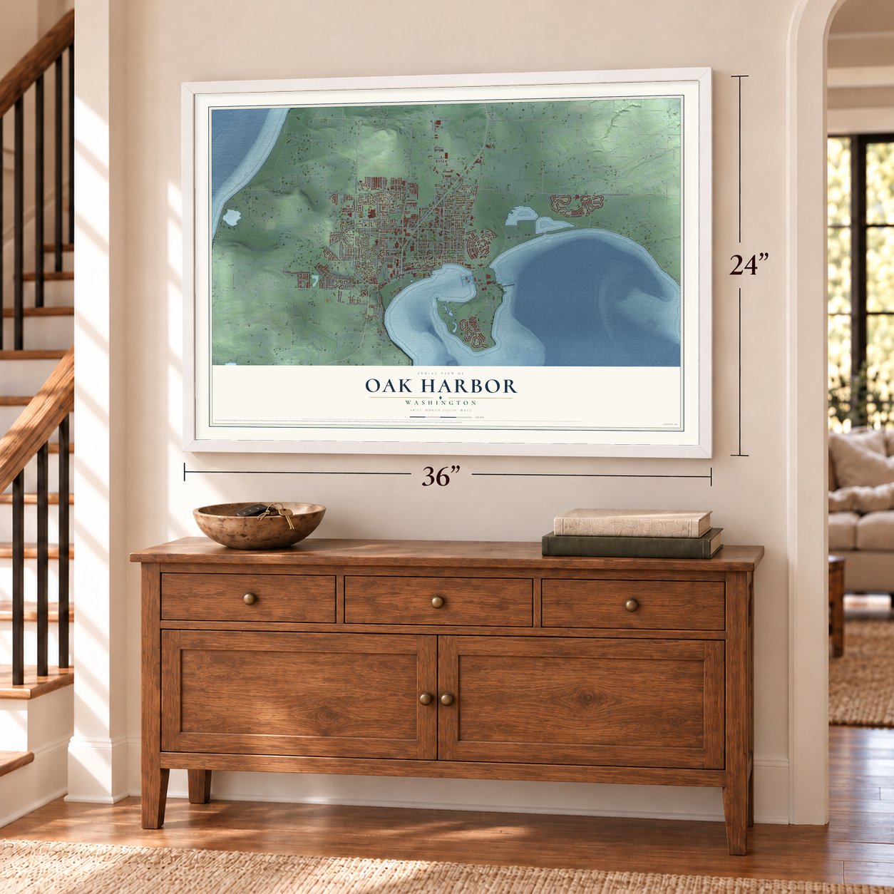 Oak Harbor, Washington map, 24 x 36 inch print in a white frame above a dresser by a staircase