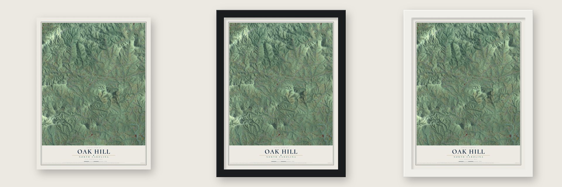 Oak Hill, Caldwell County, North Carolina map unframed, in a black wood frame and in a white wood frame