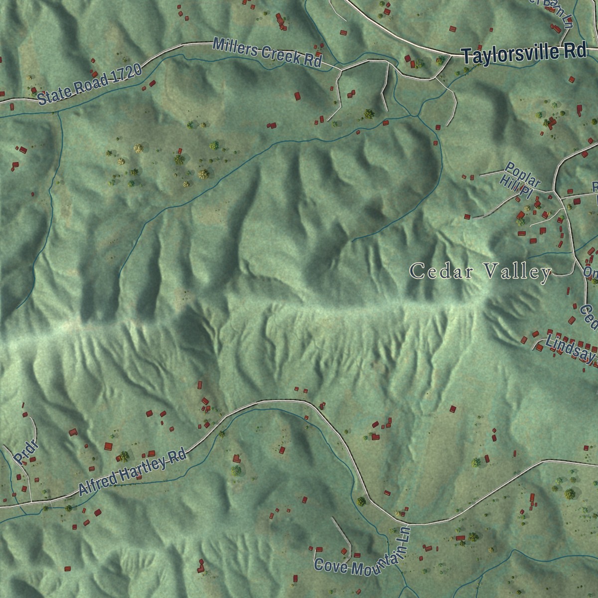 Second close-up of the map of Oak Hill, Caldwell County, North Carolina print showing more streets and buildings