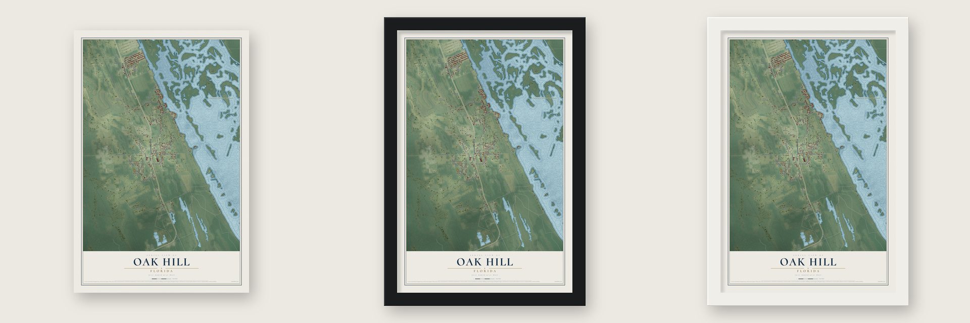 Oak Hill, Florida map unframed, in a black wood frame and in a white wood frame