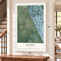 Oak Hill, Florida map, 24 x 36 inch print in a white frame by a staircase