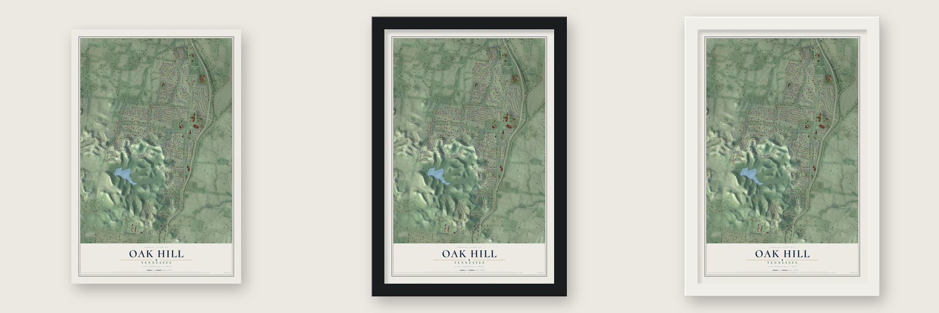 Oak Hill, Tennessee map unframed, in a black wood frame and in a white wood frame