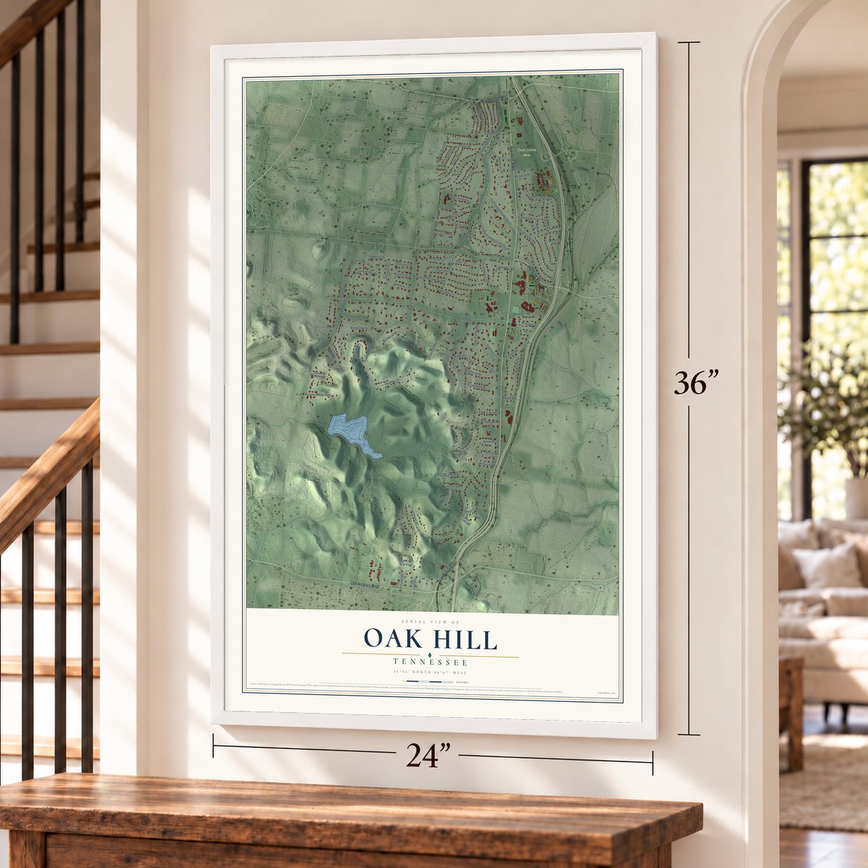 Oak Hill, Tennessee map, 24 x 36 inch print in a white frame by a staircase